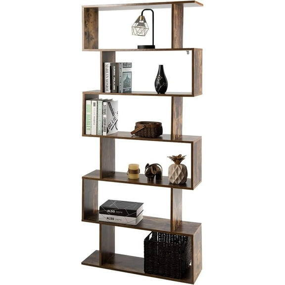 XPOPR 6-Tier Geometric Bookcase, Modern S-Shaped Storage Display Bookshelf for Living Room, Anti-Toppling Device, Home Office Wooden 6 Shelf Open Bookcase. Coffee