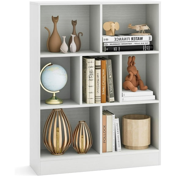 XPOPR 7-Cube Bookshelf, 41” Floor Bookcase with 2 Anti-Tipping Kits, Freestanding Storage Organizer, 4-Tier Display Shelf for Home, Office & Dorms, Natural/White (White, 7-Cube)