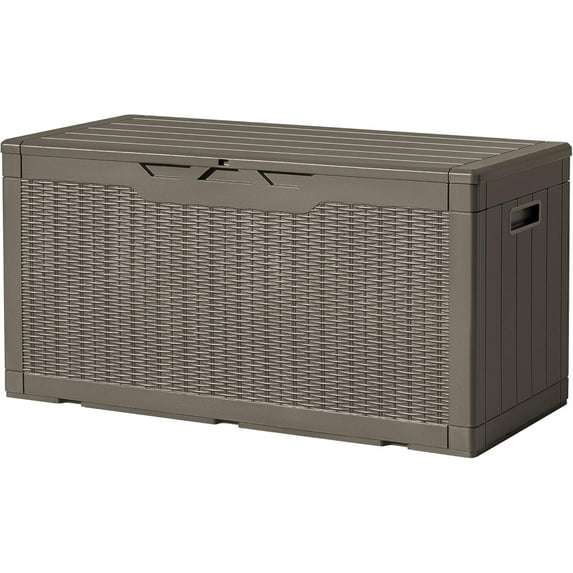 XPOPR 97 Gallon Deck Box, Waterproof Resin Outdoor Storage Box for Outside and Patio, Large Outdoor Storage Bench Cabinet Lockable for Patio Furniture, Garden Tools and Pool Supplies (Brown)