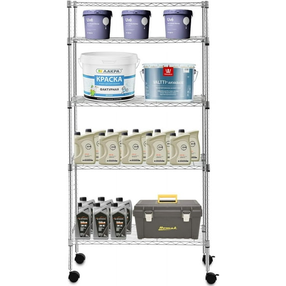 XPOPR Adjustable Metal Storage Rack with Wheels Mesh Shelving Unit Heavy Duty Storage Shelving Unit Chrome 14"D x 30"W x 60"H