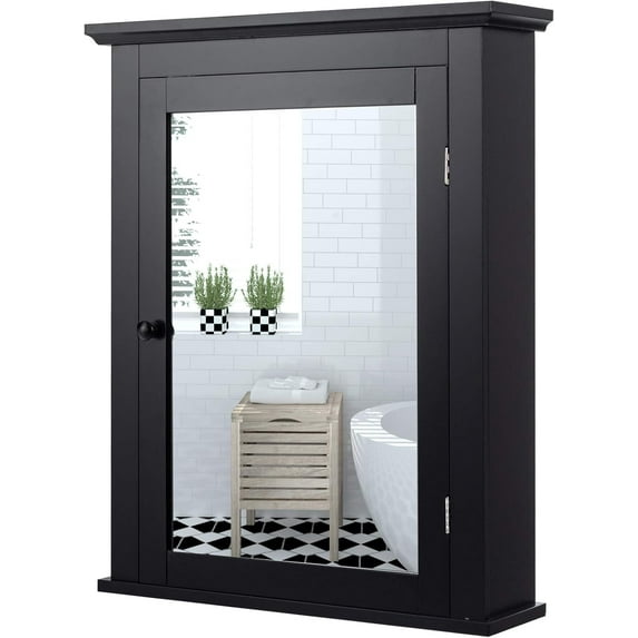 XPOPR Bathroom Cabinet with Mirror, Mirrored Wall-Mounted Storage Medicine Cabinet w/Single Door & Adjustable Shelf in 5 Positions, Multipurpose Wall Cabinet for Bathroom (Black)