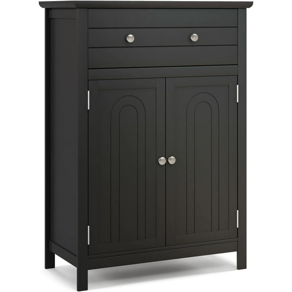 XPOPR Bathroom Floor Cabinet, Free Standing Wooden Storage Cabinet with Large Drawer and 2 Doors, 3 Heights Adjustable Shelf, Organizer for Living Room. Black