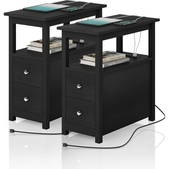 XPOPR Bedside Table Set of 2, End Table Black for Living Room, Side Tables with Charging Station, Nightstand with 2 USB Ports and 2 Power Outlets, Wooden Small End Table(Black)