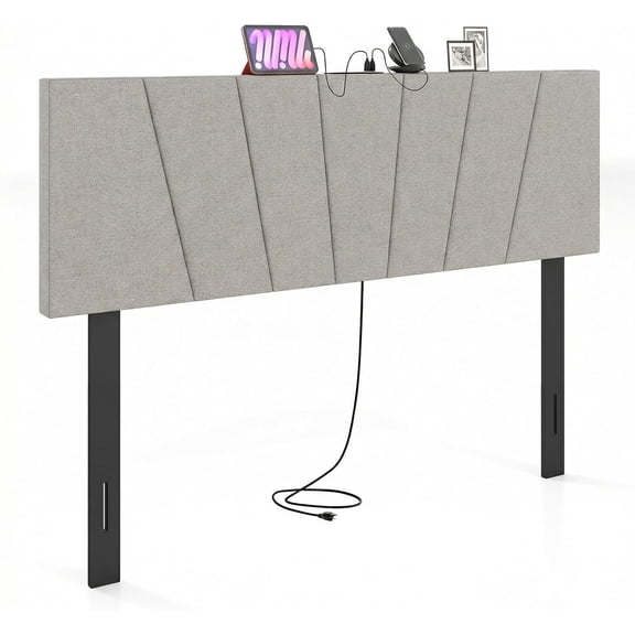 XPOPR with Charging Station, Queen/Full Size Tufted Upholstered Head Board w/2 AC Outlets, USB & Type-C Ports, Rubber Wood Legs, Width Adjustable Modern Bed Headboard Only (Grey)