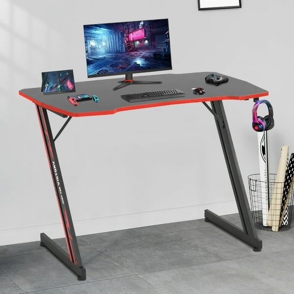 XPOPR Computer Desk Z Shaped Workstation Ergonomic Table with Headphone Hook for Game Players 39 in Red