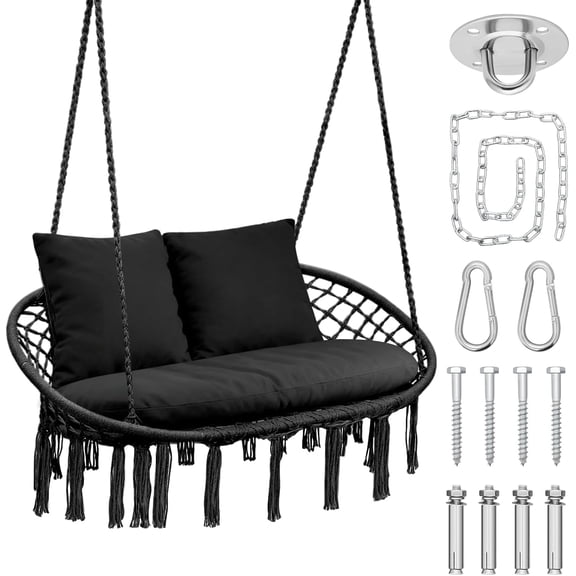 XPOPR Double Hammock Swing Chair with 3 Cushions, 700 lbs Capacity, Macrame Hanging Bench for Indoor & Outdoor Use, Cotton Woven Mesh Porch Hanging Rope Swing, Black