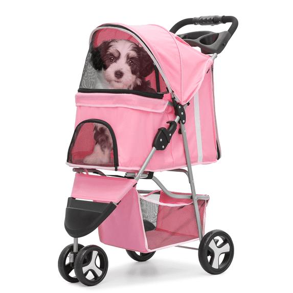 XPOPR Foldable Pet Stroller with Weather Cover, 3 Wheels Pet Strolling Cart for Small/Medium Dogs and Cats with Storage Basket and Cup Holder Pink