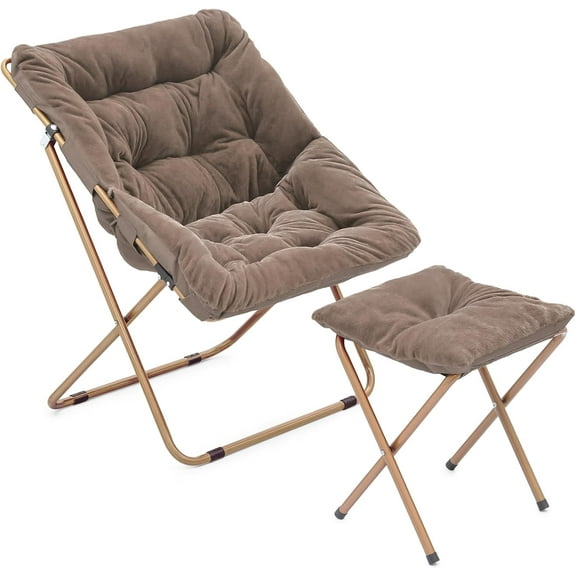 XPOPR Folding Saucer Chair with Ottoman for Adults Comfy Lounge Reading Seat Accent Chair Faux Fur Lazy Seating with Thick Padded Metal Frame for Bedroom Living Room Small Space Beige