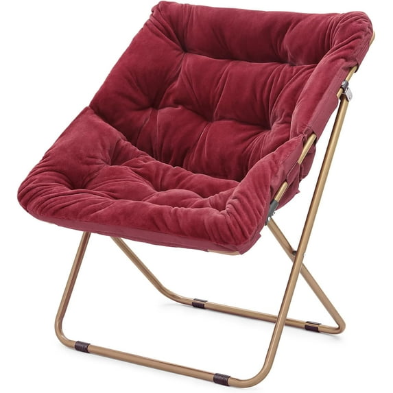 XPOPR Folding Saucer Chair with Ottoman for Adults Comfy Lounge Reading Seat Accent Chair Faux Fur Lazy Seating with Thick Padded Metal Frame for Bedroom Living Room Small Space Burgundy