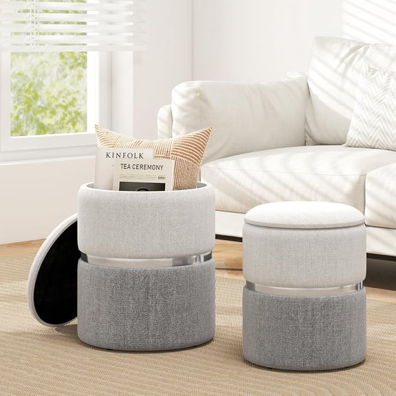 XPOPR Ottoman with Storage - Set of 2 Storage Ottomans, 1 Large & 1 Small Nesting Ottoman Side Table, Upholstered Linen Round Foot Rest Vanity Stool for Bedroom Living Room (Gray)