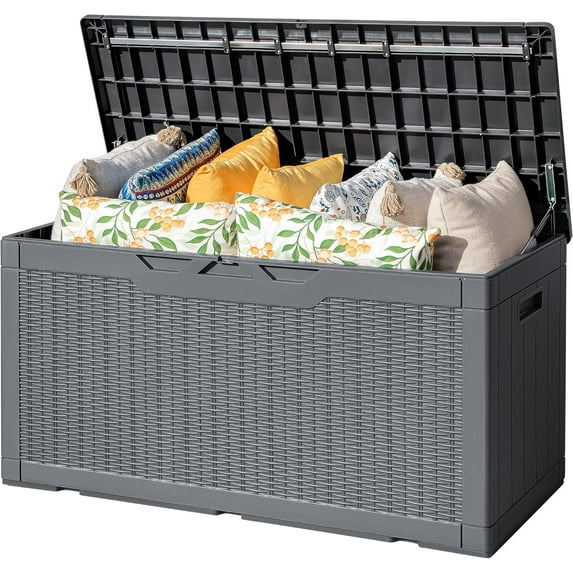 XPOPR Outdoor Storage Box 100 Gallon Waterproof Resin Deck Box Delivery Box with Air Rod Indoor Outdoor Lockable Storage Bench for Patio Cushions, Tools, Pool Accessories (Gray)