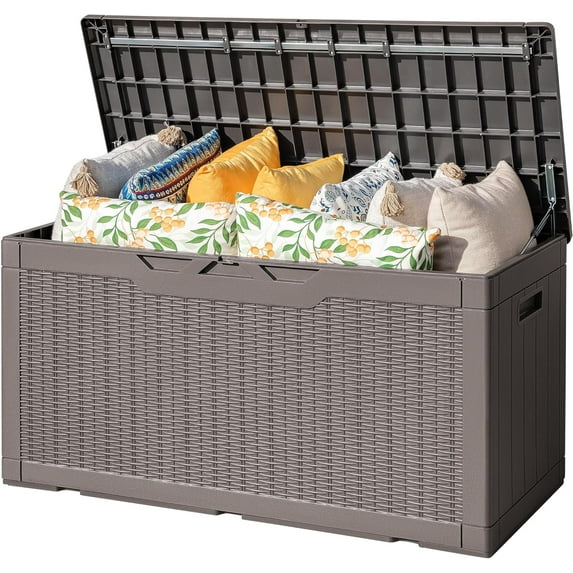 XPOPR Outdoor Storage Box 100 Gallon Waterproof Resin Deck Box Delivery Box with Air Rod Indoor Outdoor Lockable Storage Bench for Patio Cushions, Tools, Pool Accessories (Brown)