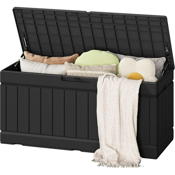 XPOPR Outdoor Storage Box 85 Gallon Resin Waterproof Deck Box Delivery Box with Wood Texture Large Storage Bin for Patio Cushions (Black)