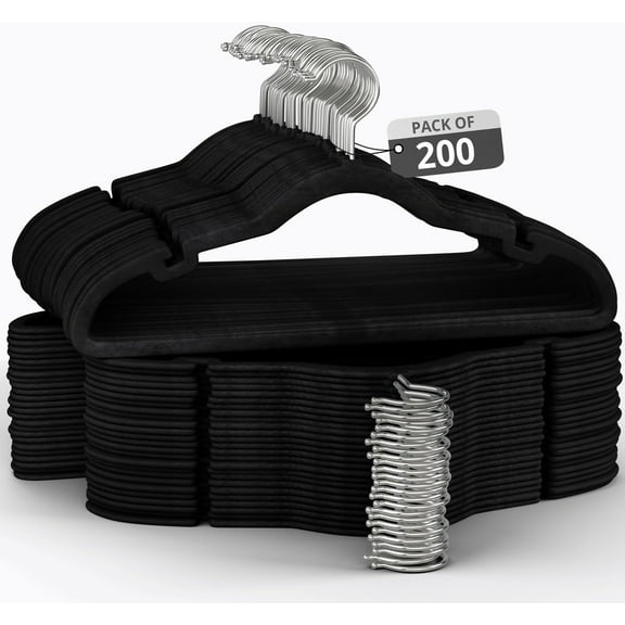 XPOPR Velvet Hanger for Shirt Pants Dresses Skirts Suits Jackets - Slim Space Saving Design - Standard Coat Hanger - Sturdy & Durable Design with Shoulder Grooves Hook 200Pack Black