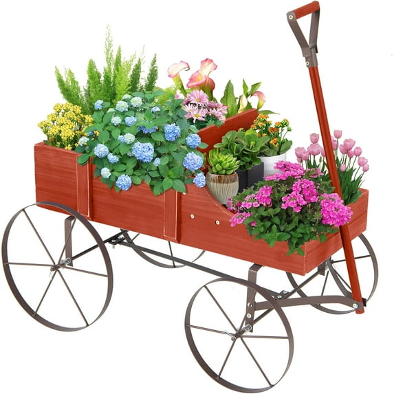 XPOPR Wooden Wagon Planter, 24.5” x 13.5” x 24” Decorative Garden Planter w/ 2 Planting Sections, Wheels, Handle, Small Decorated Cart, Flower Planter Box for Indoor Outdoor Patio.