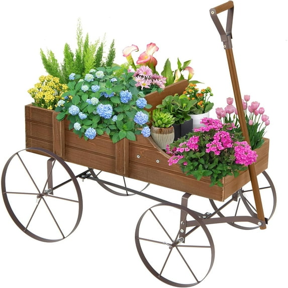 XPOPR Wooden Wagon Planter, 24.5” x 13.5” x 24” Decorative Garden Planter w/ 2 Planting Sections, Wheels, Handle, Small Decorated Cart, Flower Planter Box for Indoor Outdoor Patio.