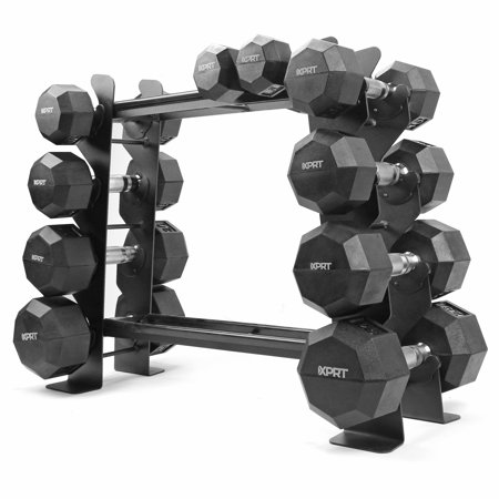XPRT Fitness 150lbs Rubber Coated Dumbbell Set with Compact Storage Rack