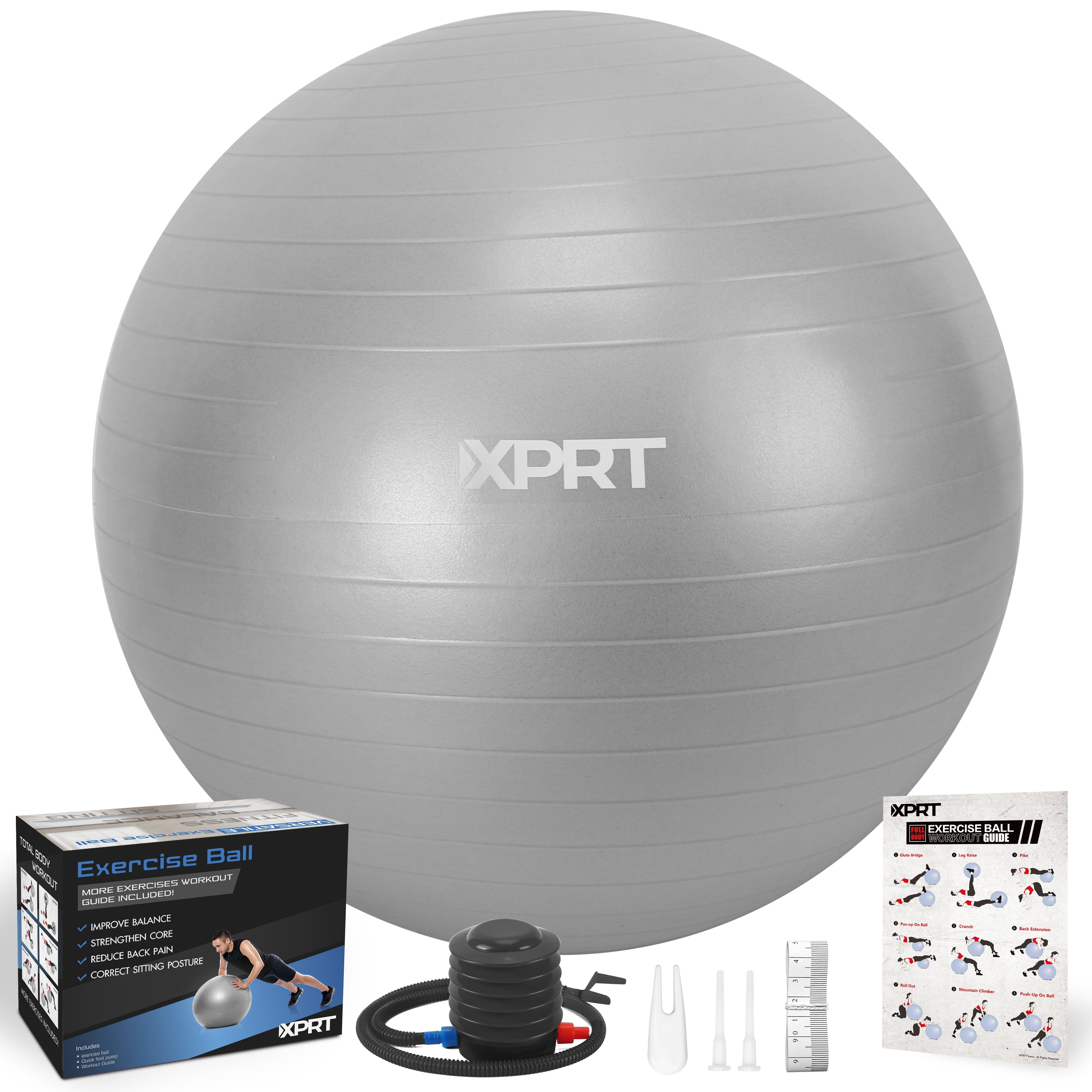 XPRT Fitness 55 cm Gray Exercise Ball, Anti-Burst Yoga Stability Ball with Foot Pump for Core Balance and Posture Training
