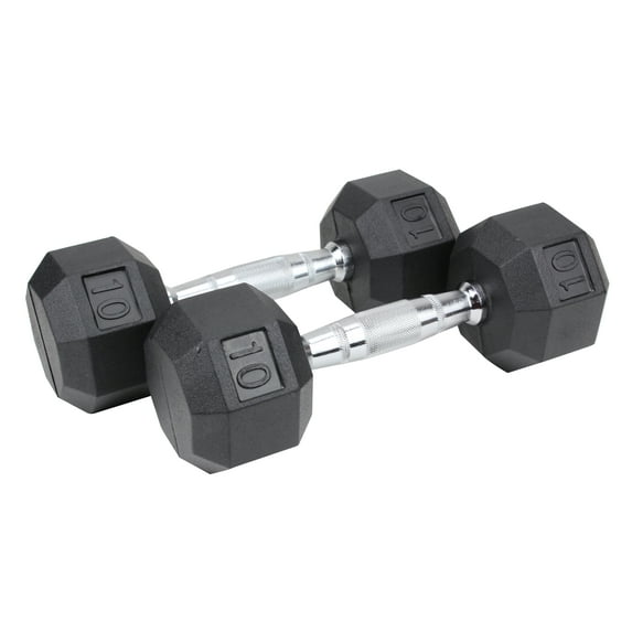 XPRT Fitness Rubber Coated Hex Dumbbells With Chrome and Textured Handle - 10 lb Pair