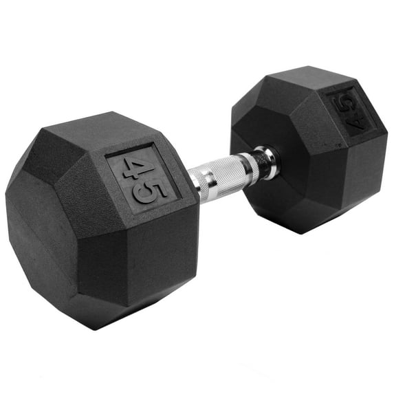 XPRT Fitness Rubber Coated Hex Dumbbells with Chrome and Textured Handle - 45 Lb. Single