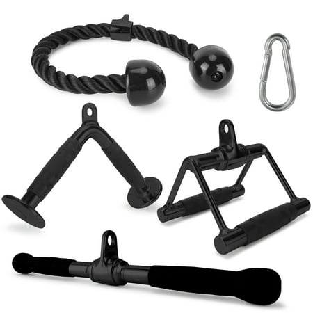XPRT Fitness Tricep Press Down Cable Exercises Attachment, V Handle with Rotation, Rotating Bar, Tricep Rope, V-Shaped Bar, Weight Machine Accessories Set of 4, Black