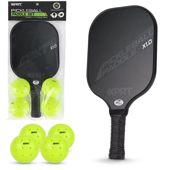 XPRT Fitness USAPA Approved Fiberglass Pickleball Paddle with 4 Outdoor Balls, 7.8 oz