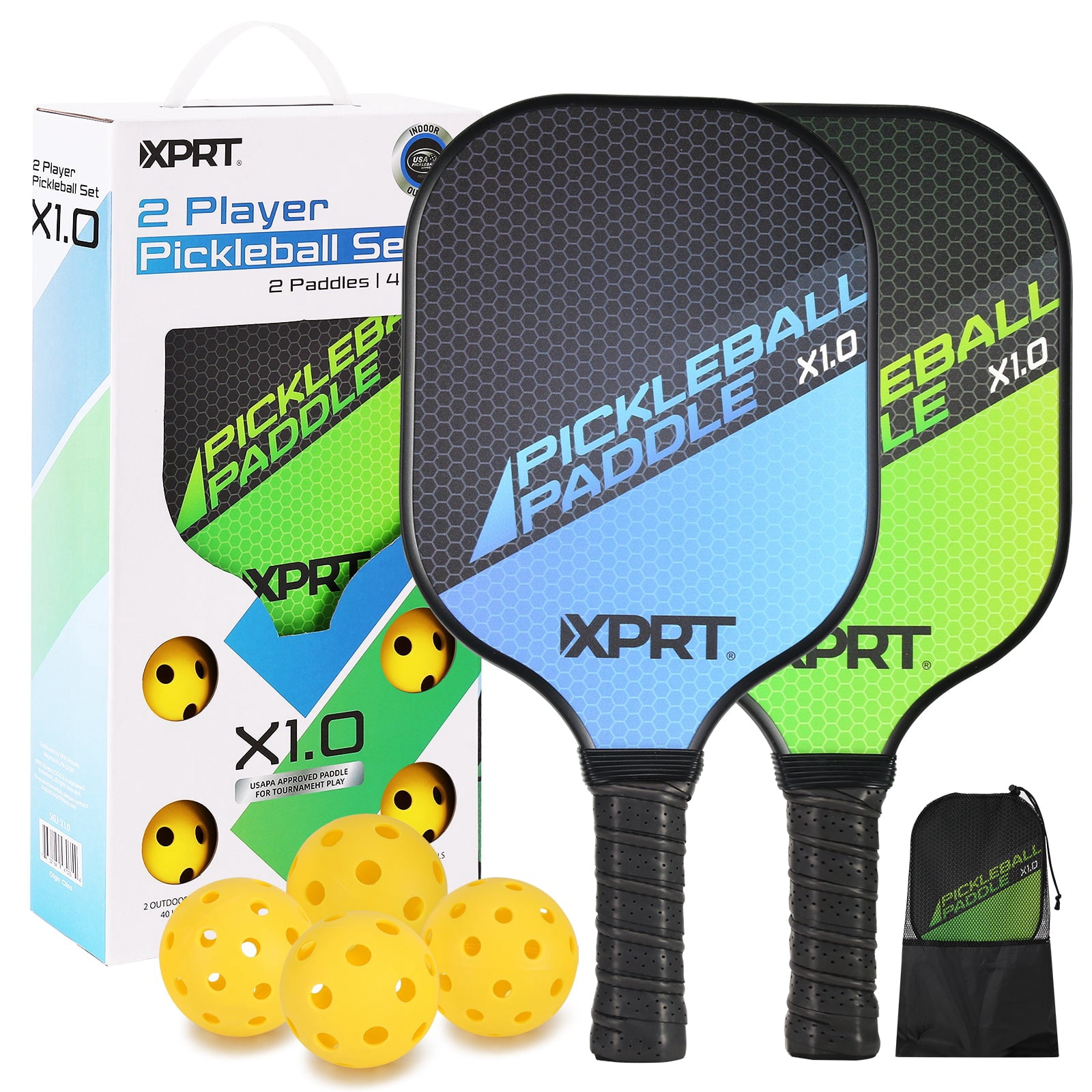 XPRT Pickleball Paddle Set – USAPA Approved Fiberglass Surface, PP Honeycomb Core, Lightweight 7.8 oz, Large Sweet Spot, Includes 2 Paddles, 4 Outdoor Balls, Carry Bag – Tournament Ready Set