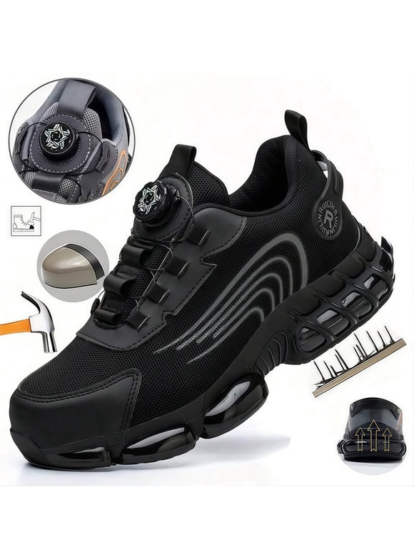 Men's Steel Toe Safety Work Shoes, Lightweight Air Cushion Industrial Construction Sneakers, Comfortable Protective Footwear- Black - Size 5