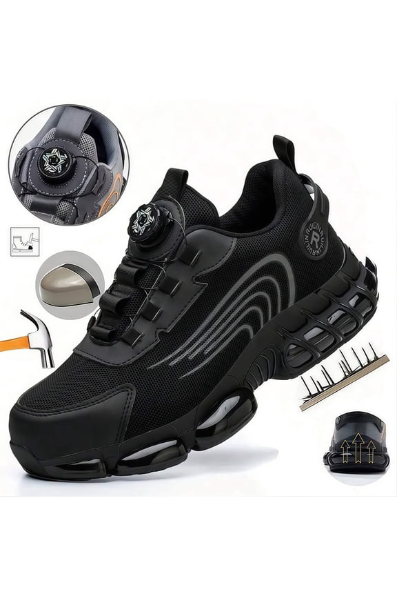 Men's Steel Toe Safety Work Shoes, Lightweight Air Cushion Industrial Construction Sneakers, Comfortable Protective Footwear- Black - Size 6