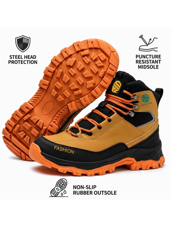 Men's Steel Toe Work Boots Non-Slip High Top Lace-Up Shoes Work For Industrial & Construction Use Protective Shoes Boots Waterproof Wear-Resistant Steel Toe Safety Shoes-Brown Size 9