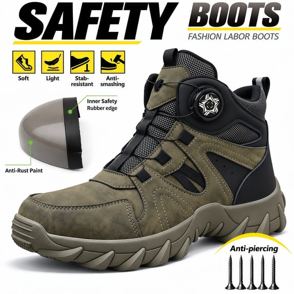 XQJ Men’s Steel Toe Work Boots Slip Resistant Water Resistant Safety Boots for Industrial Work and Hiking Army Green