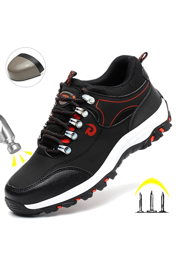 Men's Steel Toe Work Shoes Black US12 Anti-Puncture Non-Slip Leather Safety Protective Shoes for Construction