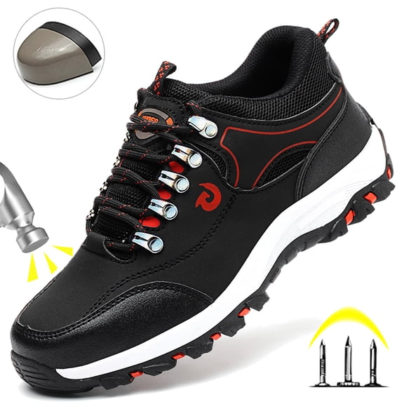 XQJ Men's Steel Toe Work Shoes Black US6.5 Anti-Puncture Non-Slip Leather Safety Protective Shoes for Construction