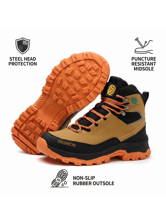 Men's Steel Toe Work Boots Non-Slip High Top Lace-Up Shoes Work For Industrial & Construction Use Protective Shoes Boots Waterproof Wear-Resistant Steel Toe Safety Shoes-Brown Size 10.5