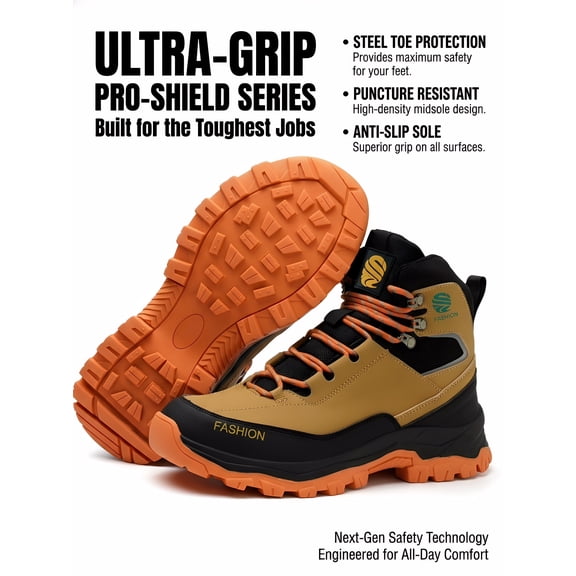 XQJ Men's Work Boots Waterproof Wear-Resistant Steel Toe Safety Protective Shoes Steel Toe Work Boots-Brown Size 6.5