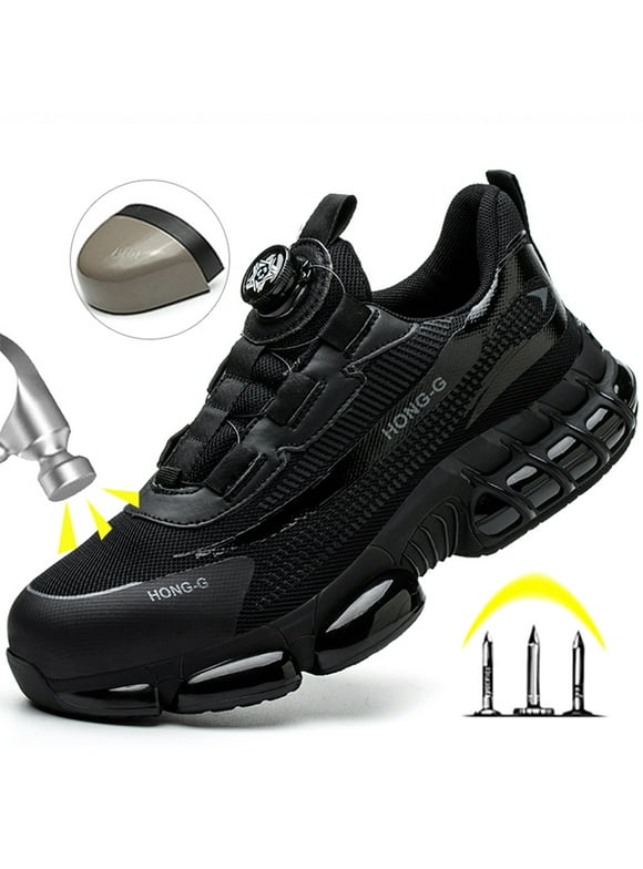 Steel Toe Shoes For Men Anti-Puncture Anti-Smash Work Boots Lightweight Work Safety Shoes Mens Air Cushion Work Sneakers Black Size 5 Comfortable Breathable