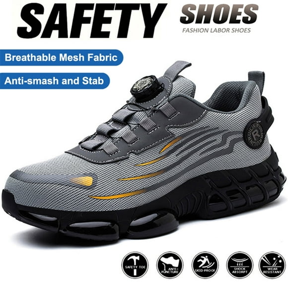 XQJ Steel Toe Shoes for Men Women Air Cushion Sneakers Lightweight Breathable Safety Work Shoes Industrial Construction Anti-puncture Safety Shoes Sneakers Grey Size 5