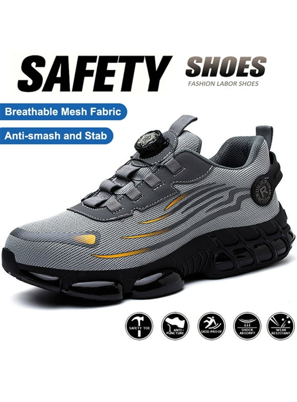 Steel Toe Shoes for Men Women Air Cushion Sneakers Lightweight Breathable Safety Work Shoes Industrial Construction Anti-puncture Safety Shoes Sneakers Grey Size 5