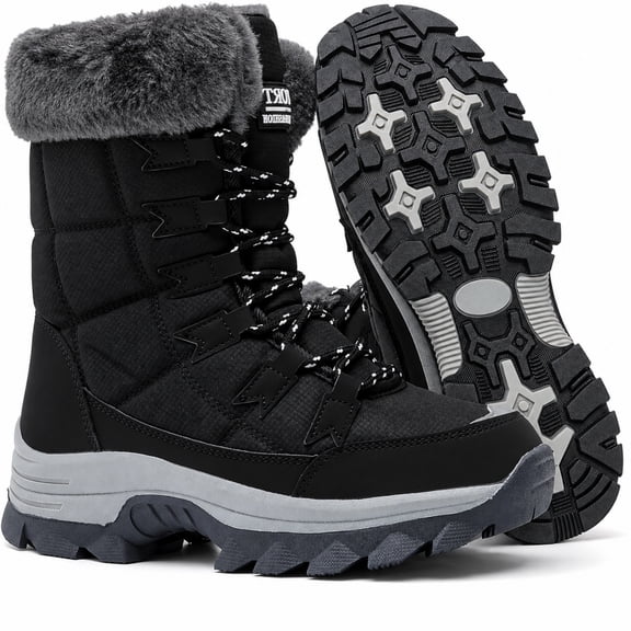 XQJ Women's Winter Snow Boots Waterproof Fur Lined Warm Winter Boots for Women Lace up Mid Calf Outdoor Anti-Slip Shoes