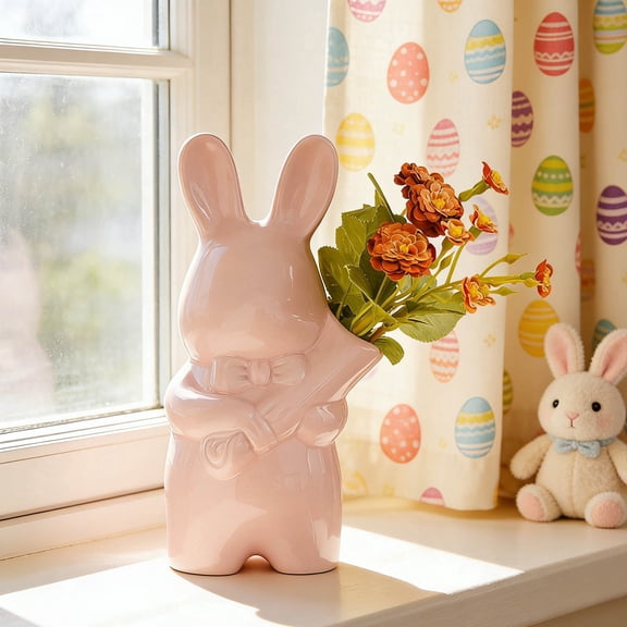 XQWJWLA Easter Bunny Vase - 7 Inch Bunny Shaped Pink Ceramic Vase for Easter Home Decorations, Cute Rabbit Shaped Flower Vase for Table, Windowsill, Nightstand, Book Shelf, Farmhouse Decor