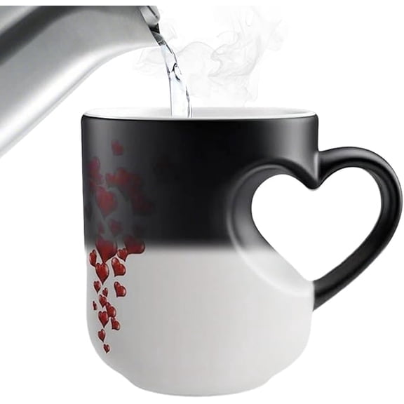 XQWJWLA Heart Pattern Color Changing Ceramic Mug - 11 oz Coffee Mug with Heart Shaped Handle, Heat Sensitive Coffee Cup, Reveals Hearts When Hot, Romantic Birthday Anniversary Gifts for Women(#D)