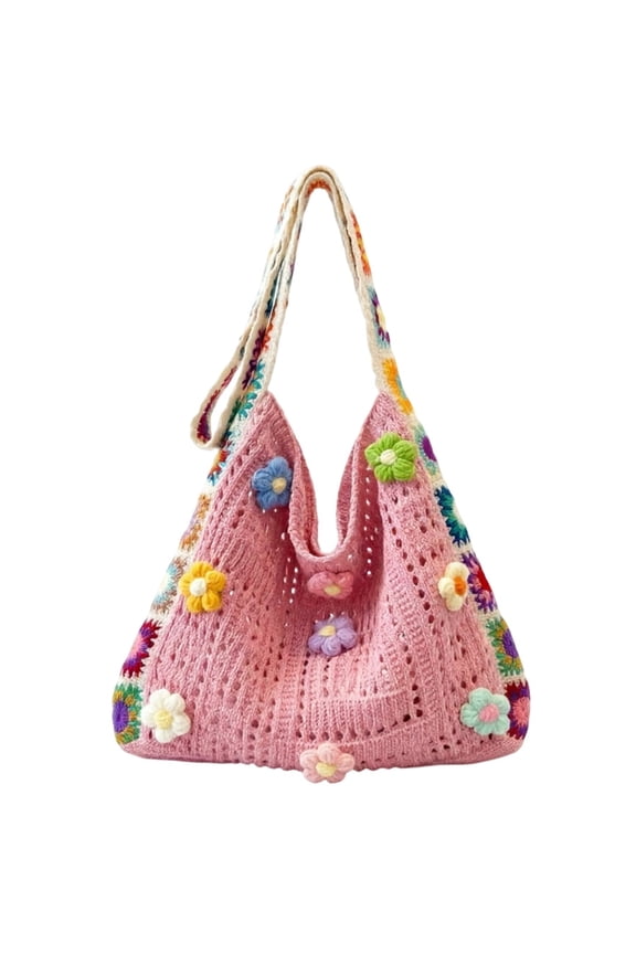Knitted Openwork Flower Bag Women's Boho Embroidery Crossbody Bag Hollow Out Crochet Knit Shoulder Bag Tote Handbag