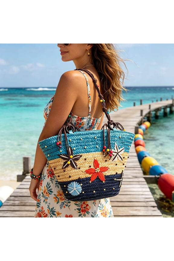 Woven Floral Color-Blocked Shoulder Bag,Beach Bags for Women, unique bags Summer Straw Bag, Woven Straw Beach Tote Bag Shoulder Handbags