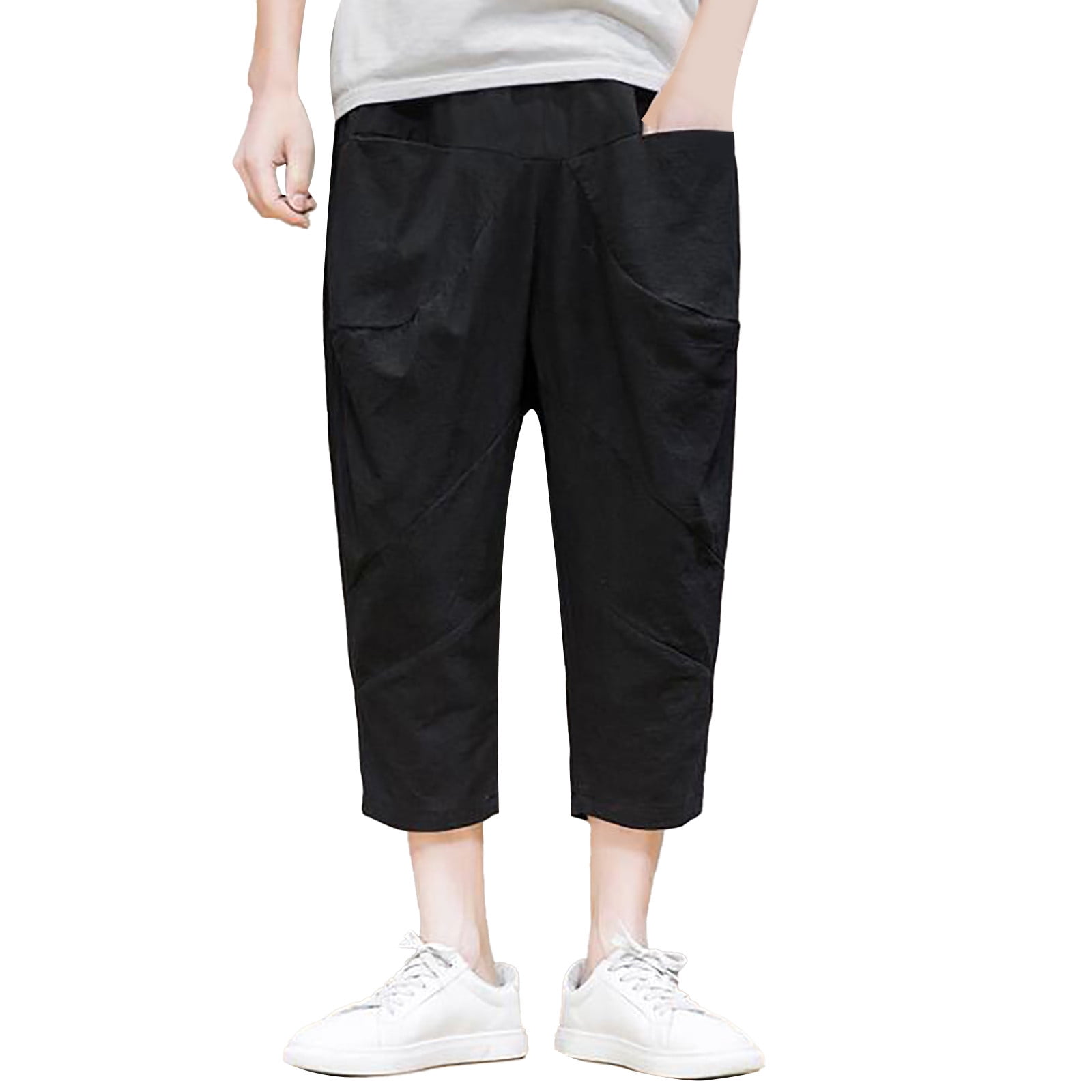 XQXCL Mens Cotton Linen Capri Pants Light Loose 3/4 Long Shorts Elastic ...