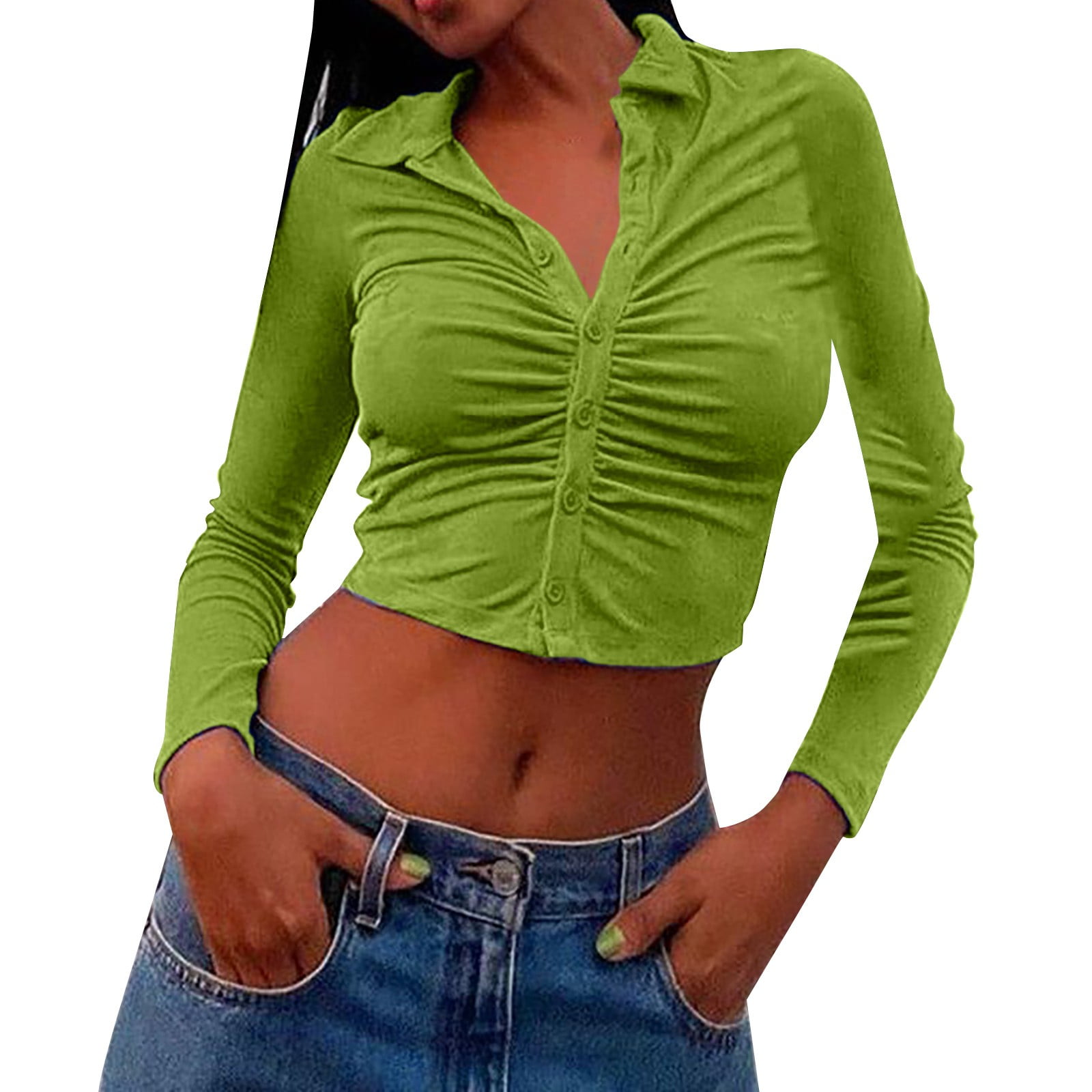 XQXCL Women's Long Sleeve Button Down Ruched Crop Top Shirts Going Out