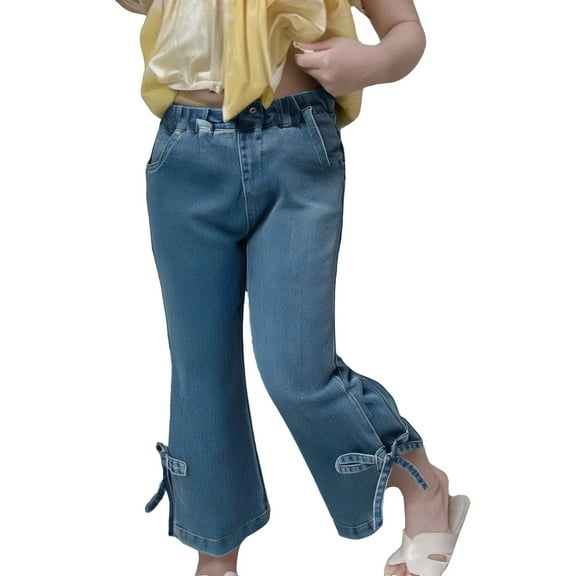 XQYLOS 2025 New Korean Style Baby Girls' Fashionable Western Style 𝖳rendy Bow Bellbottom Pants Soft Children's Jeans
