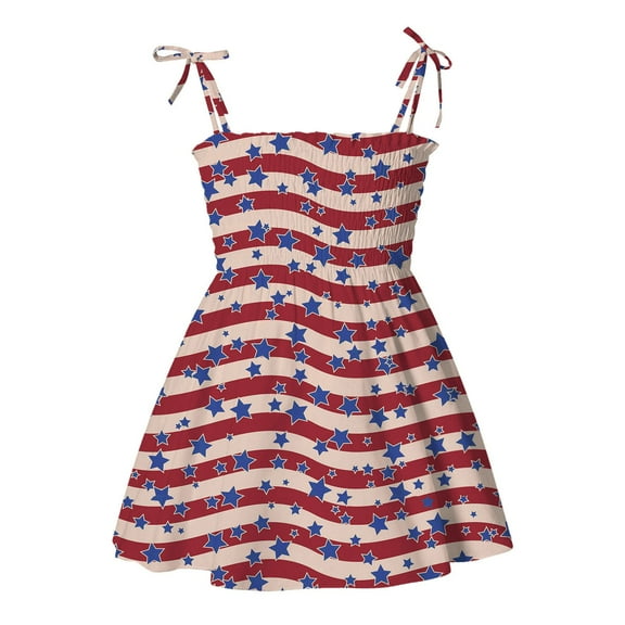 XQYLOS 4th of July Patriotic Suspender Dress for Toddler Girls American Flag Independence Day Beach Party Outfit Soft Cotton Princess Baby Dress with Adjustable Straps