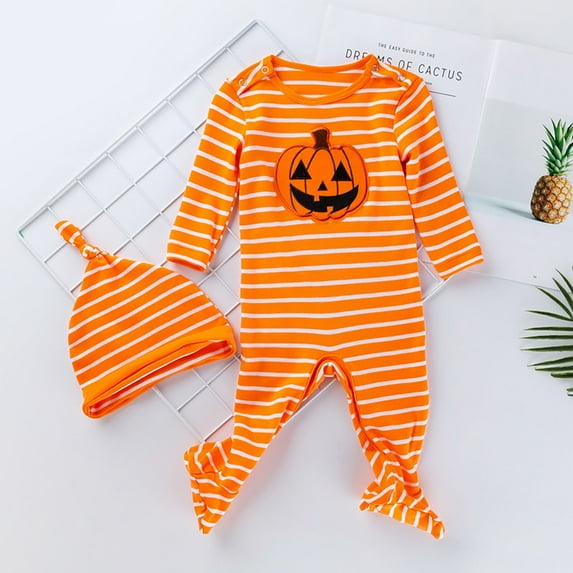 XQYLOS Baby Boys Girls Halloween Pumpkin Jumpsuit Romper with Hat Cute Printed Long Sleeve Outfit Clothes Jumpsuit P𝖺rty Wear