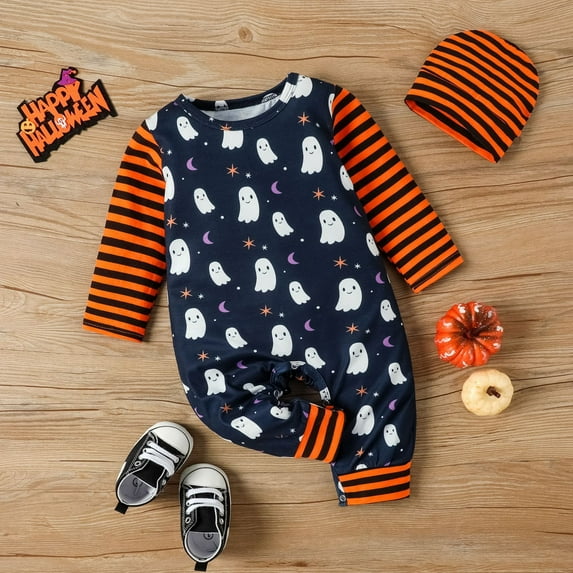 XQYLOS Baby Boys Girls Halloween Striped Romper Jumpsuit Set with Hat Long Sleeve Outfit Jumpsuit for Kids Children Holiday Celebration