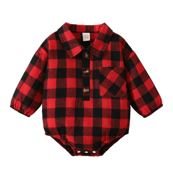 XQYLOS Baby Christmas Plaid 𝖱omper, Long Sleeve Lapel Jumpsuit for Baby Boy Girl 3-18 Months, Cozy Button-Down Bodysuit Holiday Jumpsuit